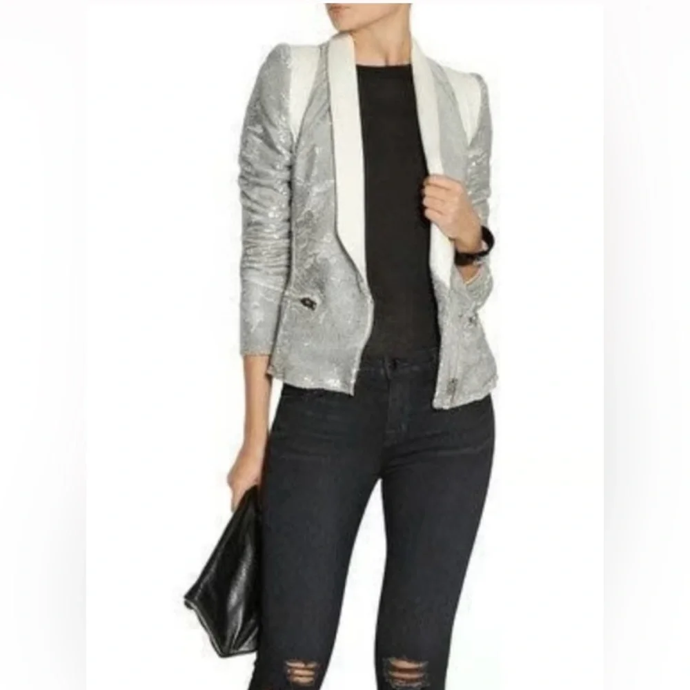 IRO Paris Silver Sequin "Hadley" Moto Blazer with White Leather - Picture 6 of 16